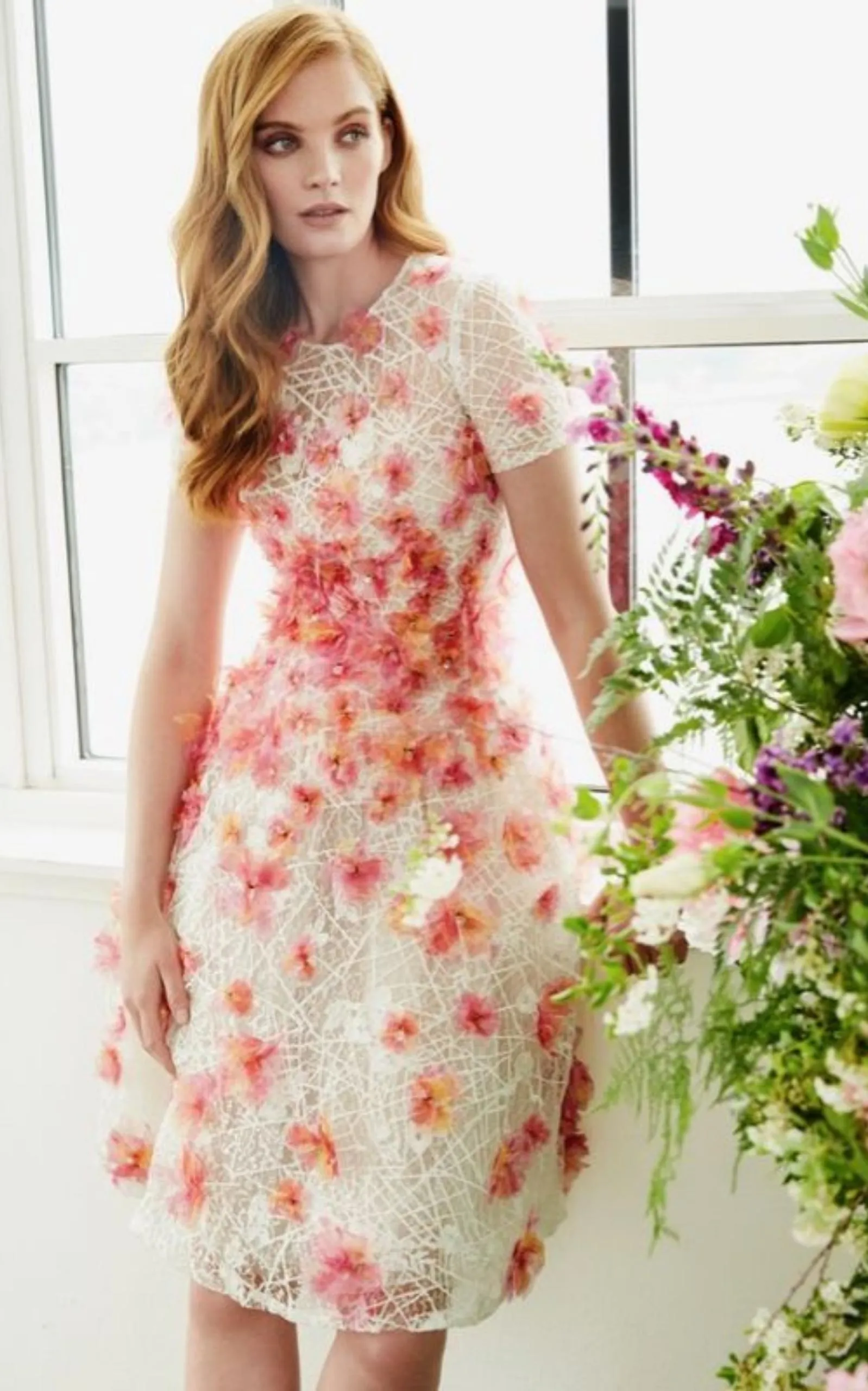 Pink Floral-appliqued Lace Midi Dress