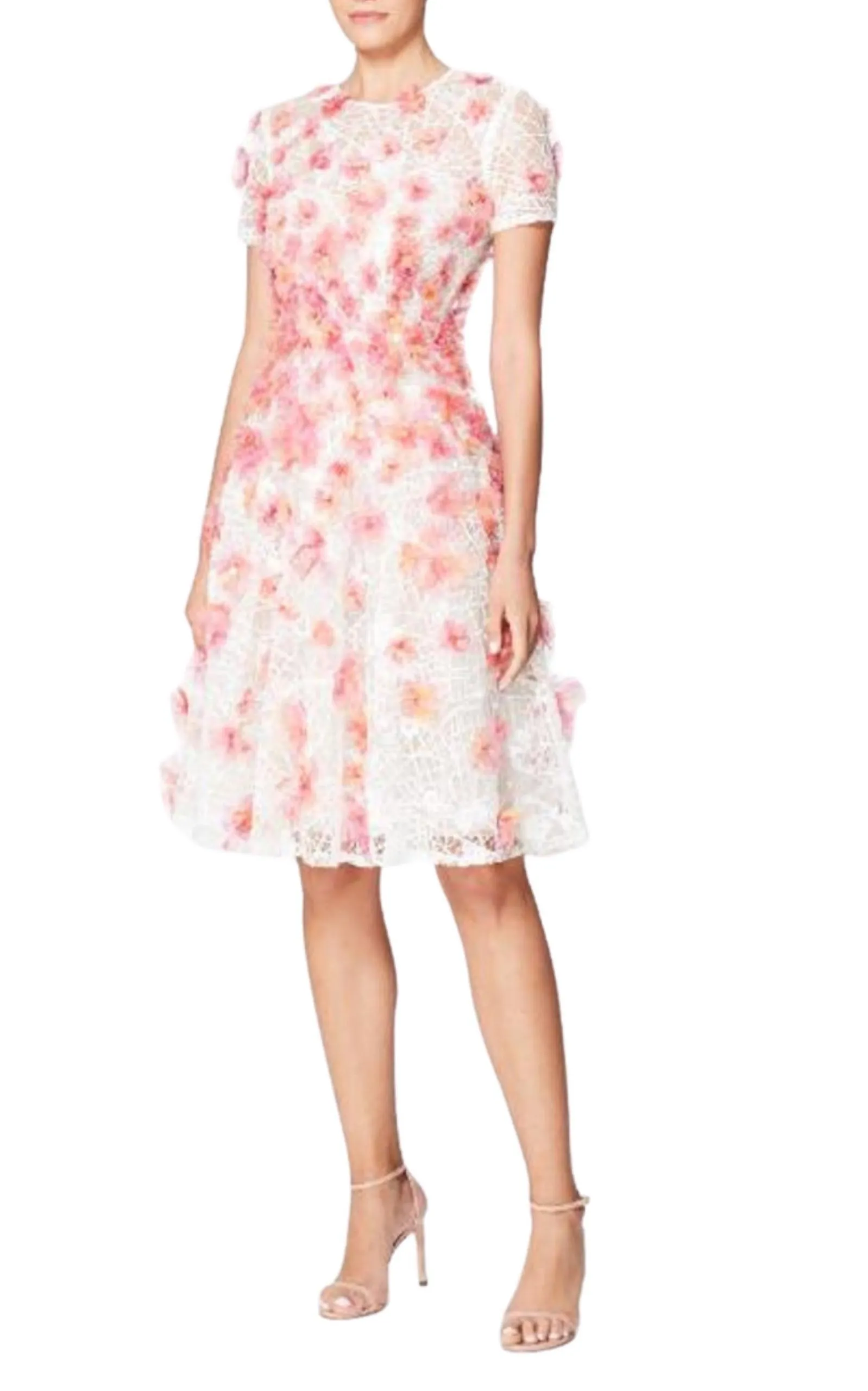 Pink Floral-appliqued Lace Midi Dress