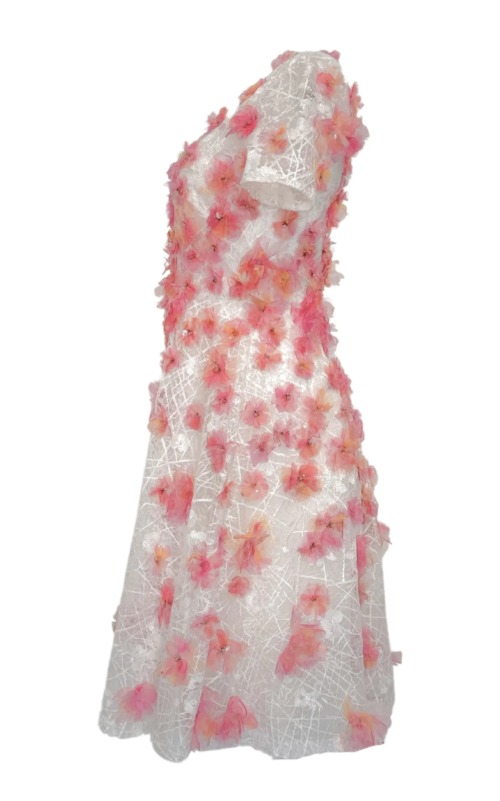 Pink Floral-appliqued Lace Midi Dress
