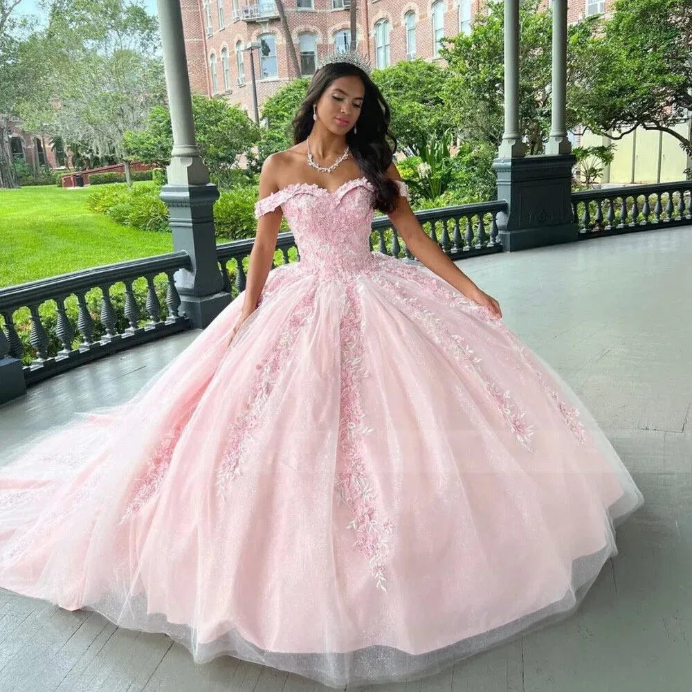 Pink Floral Quinceanera Dresses Ball Gown Luxury Court Train Formal 15 Years Birthday Parrty Princess Gowns Corset