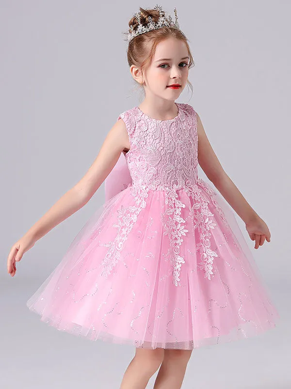 Pink Jewel Neck Lace Bows Formal Kids Pageant flower girl dresses