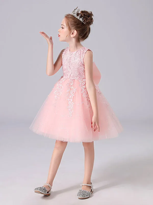 Pink Jewel Neck Lace Bows Formal Kids Pageant flower girl dresses