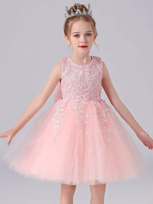 Pink Jewel Neck Lace Bows Formal Kids Pageant flower girl dresses