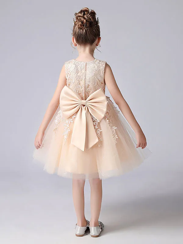Pink Jewel Neck Lace Bows Formal Kids Pageant flower girl dresses