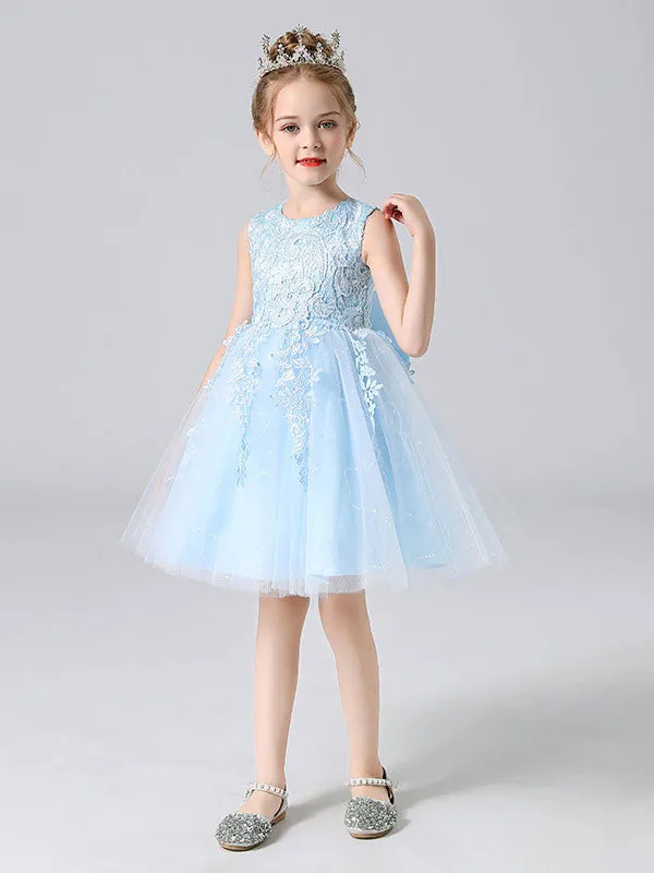 Pink Jewel Neck Lace Bows Formal Kids Pageant flower girl dresses