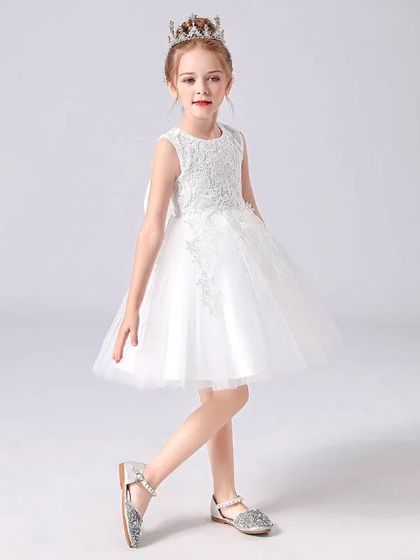Pink Jewel Neck Lace Bows Formal Kids Pageant flower girl dresses