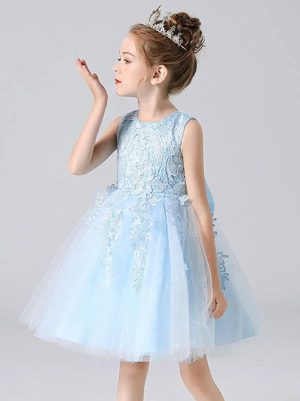 Pink Jewel Neck Lace Bows Formal Kids Pageant flower girl dresses