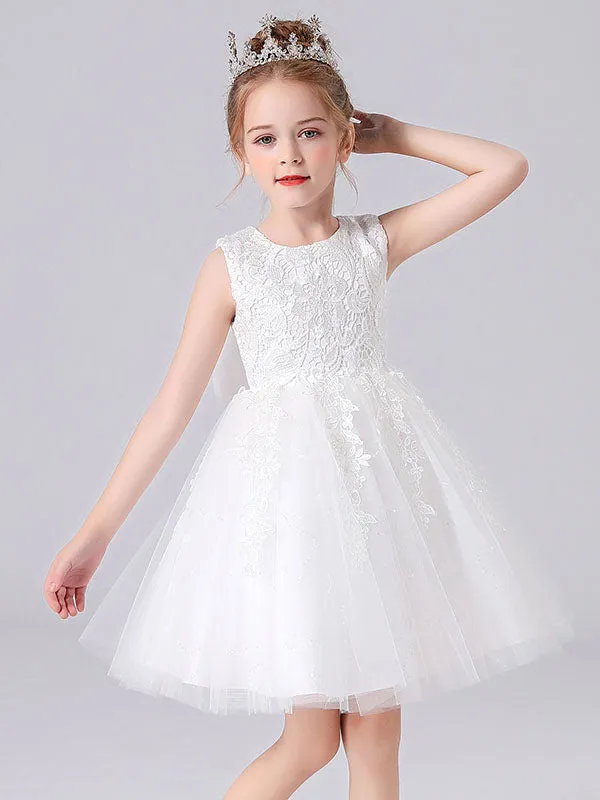 Pink Jewel Neck Lace Bows Formal Kids Pageant flower girl dresses