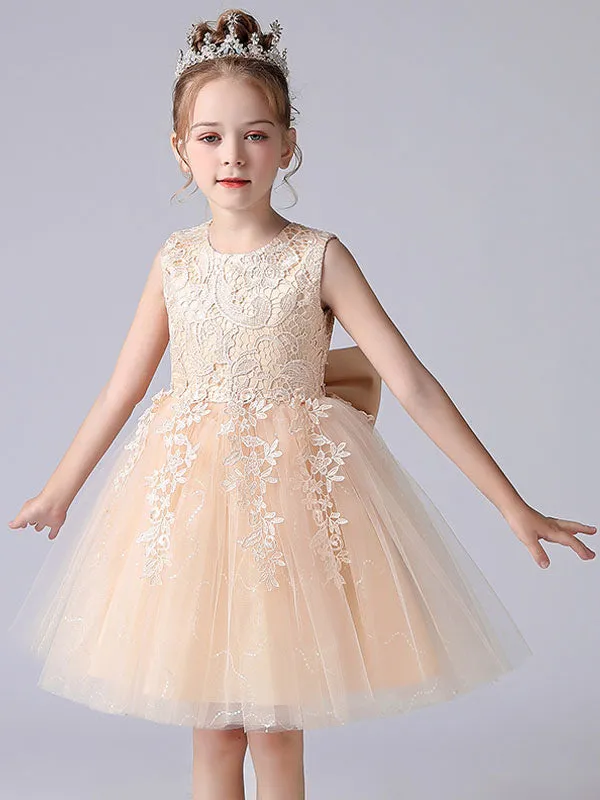 Pink Jewel Neck Lace Bows Formal Kids Pageant flower girl dresses