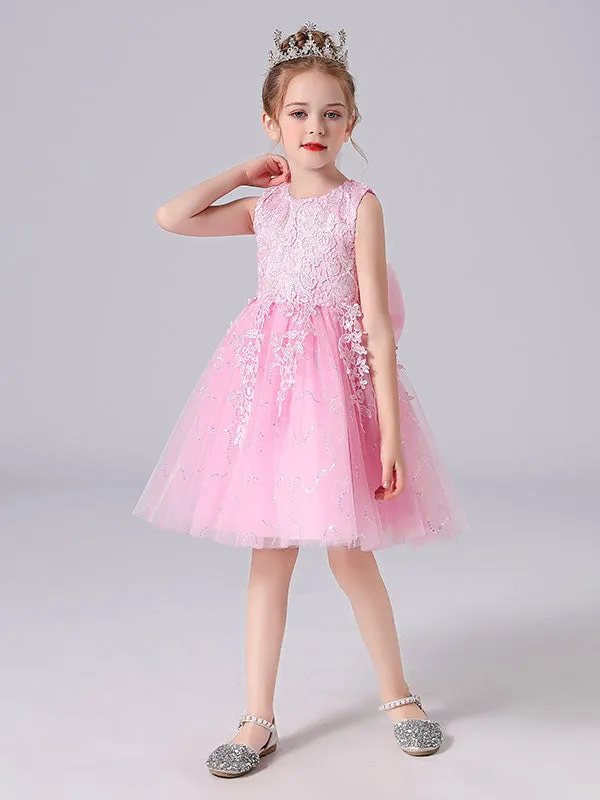 Pink Jewel Neck Lace Bows Formal Kids Pageant flower girl dresses