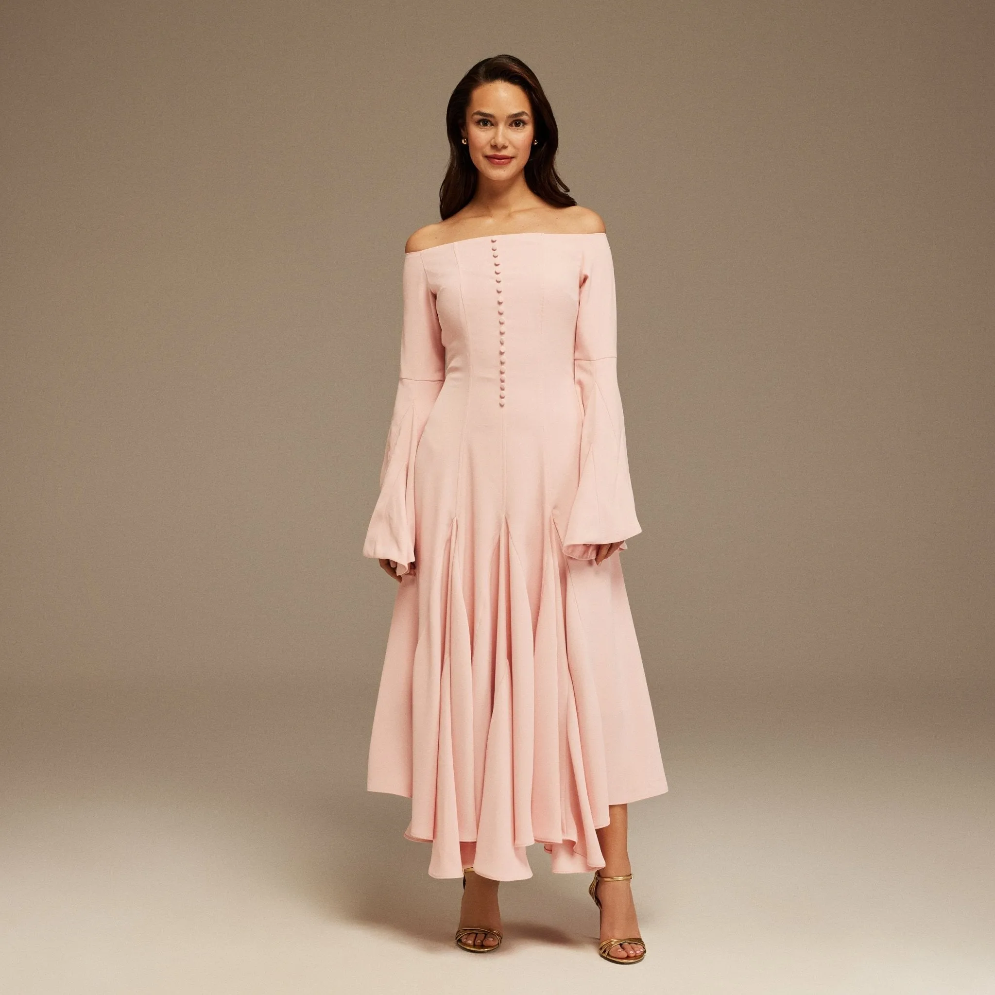 Pink Off-Shoulder Aline Midi Crepe Dress