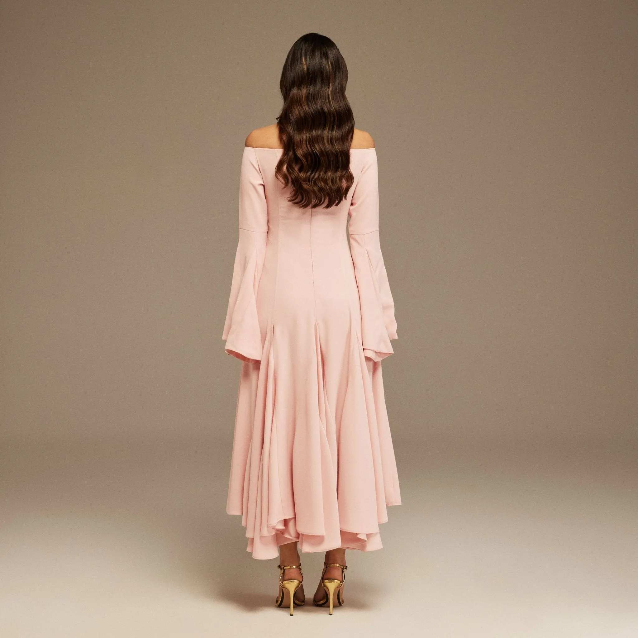 Pink Off-Shoulder Aline Midi Crepe Dress