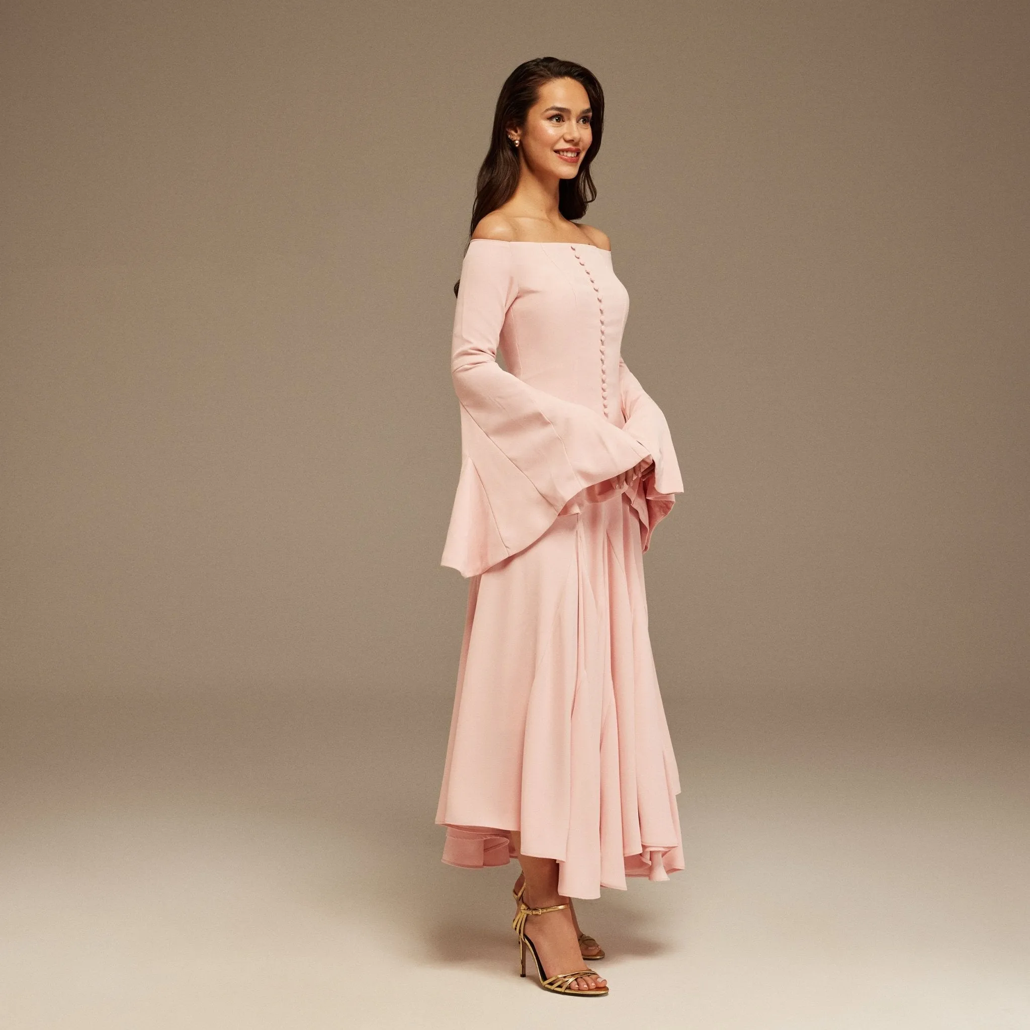 Pink Off-Shoulder Aline Midi Crepe Dress