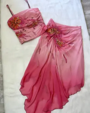 Pink Ombre Straps Two Pieces Sheath Chiffon Long Party Dress Beach Dress, D691