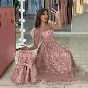 Pink Sequins Shiny Prom Dress Short Sleeves Special Occasion Gowns Prom Dresses Mother And Child Party Dress