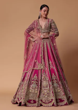 Pink Silk Velvet 16 Kali Lehenga And Zardosi Blouse Set