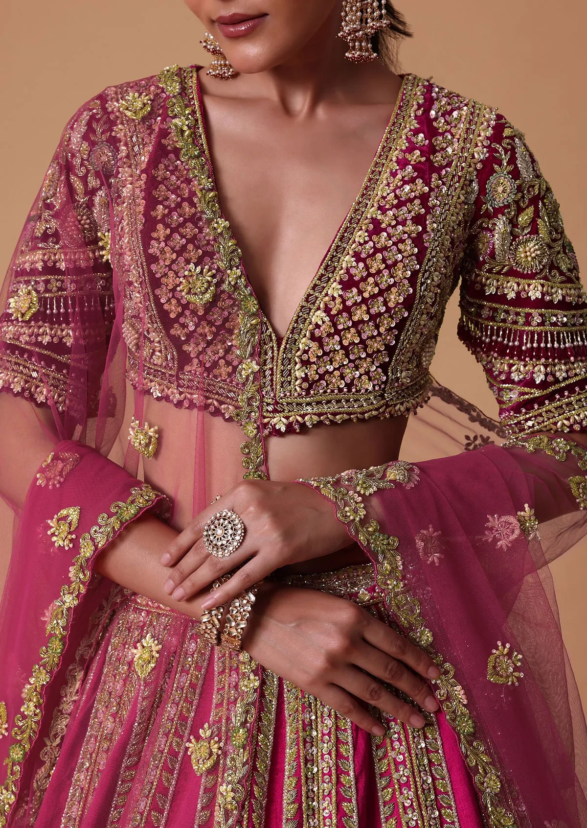Pink Silk Velvet 16 Kali Lehenga And Zardosi Blouse Set