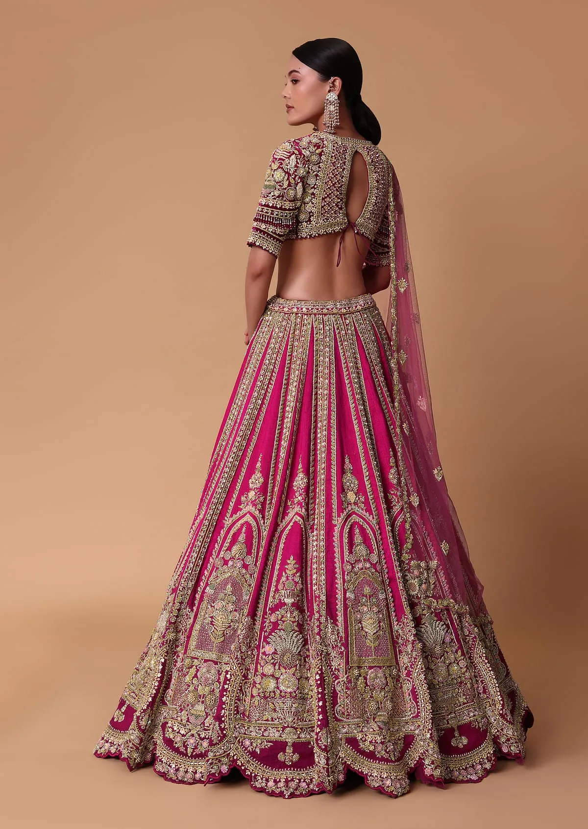Pink Silk Velvet 16 Kali Lehenga And Zardosi Blouse Set