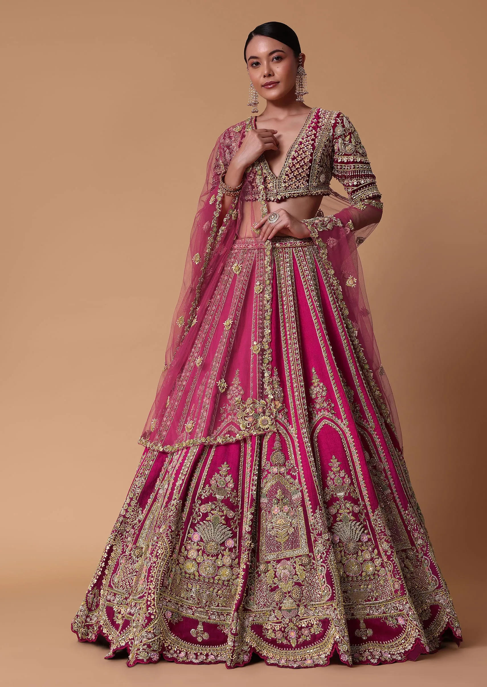 Pink Silk Velvet 16 Kali Lehenga And Zardosi Blouse Set