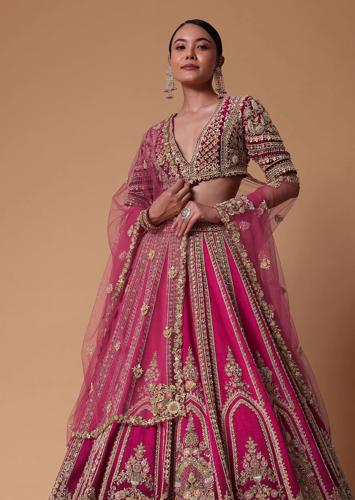Pink Silk Velvet 16 Kali Lehenga And Zardosi Blouse Set