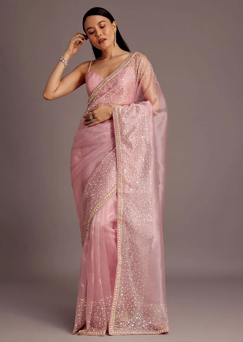 Pink Tissue Saree With Sequins Embellished Border