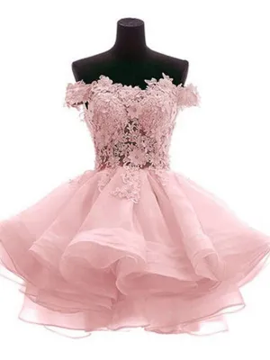 Pink/White Off Shoulder Lace See Through Short Homecoming Dress, Pink/White  Lace Prom Graduation Dress