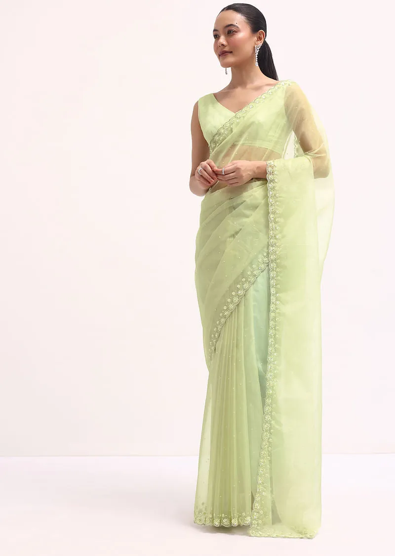 Pista Green Organza Saree In Sequins With stitched Blouse