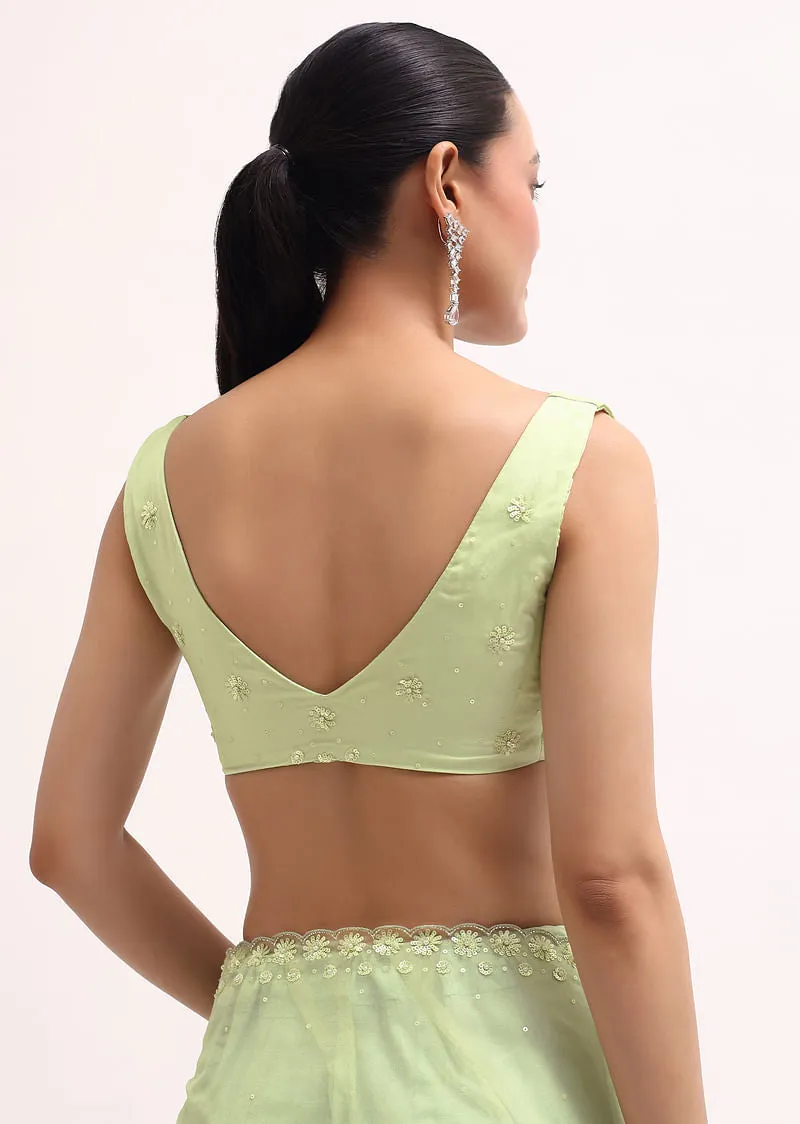 Pista Green Organza Saree In Sequins With stitched Blouse