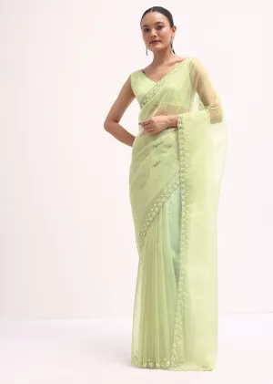 Pista Green Organza Saree In Sequins With stitched Blouse
