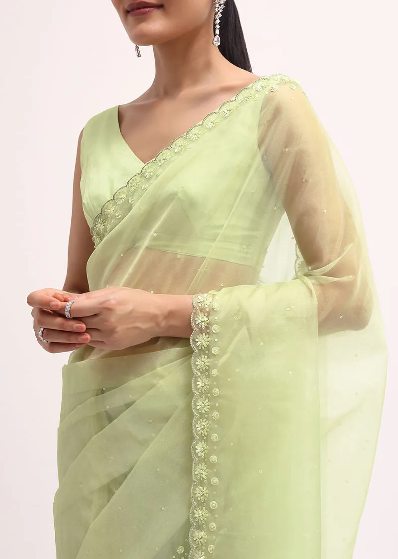 Pista Green Organza Saree In Sequins With stitched Blouse