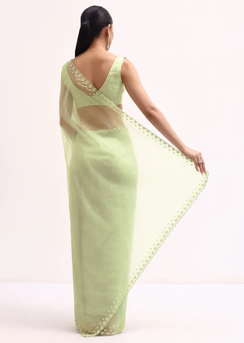 Pista Green Organza Saree In Sequins With stitched Blouse
