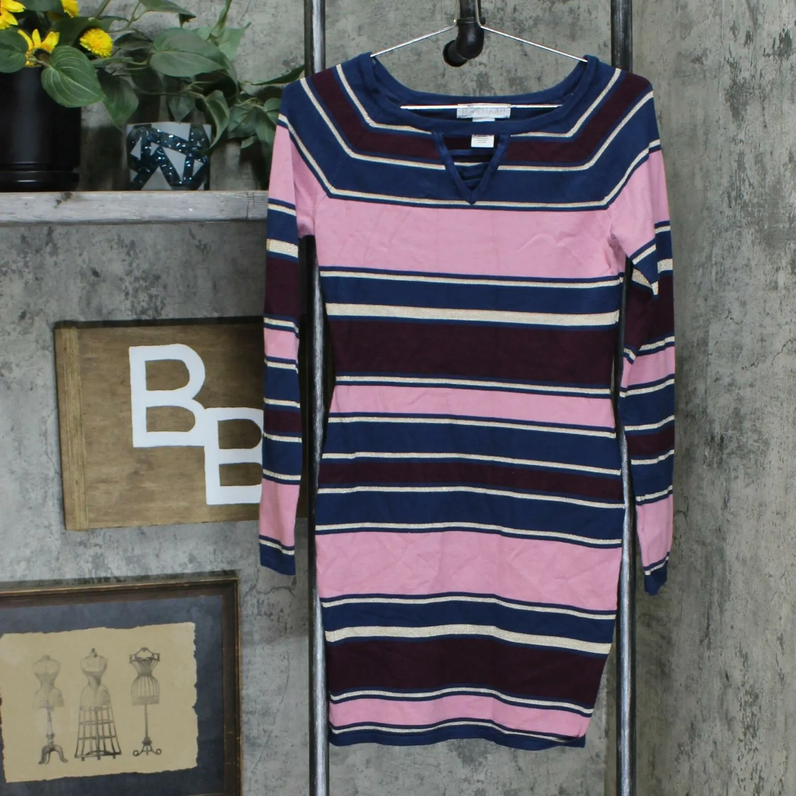 Planet Gold Women's Junior Fit Keyhole Bodycon Sweater Dress Blue / Pink Medium