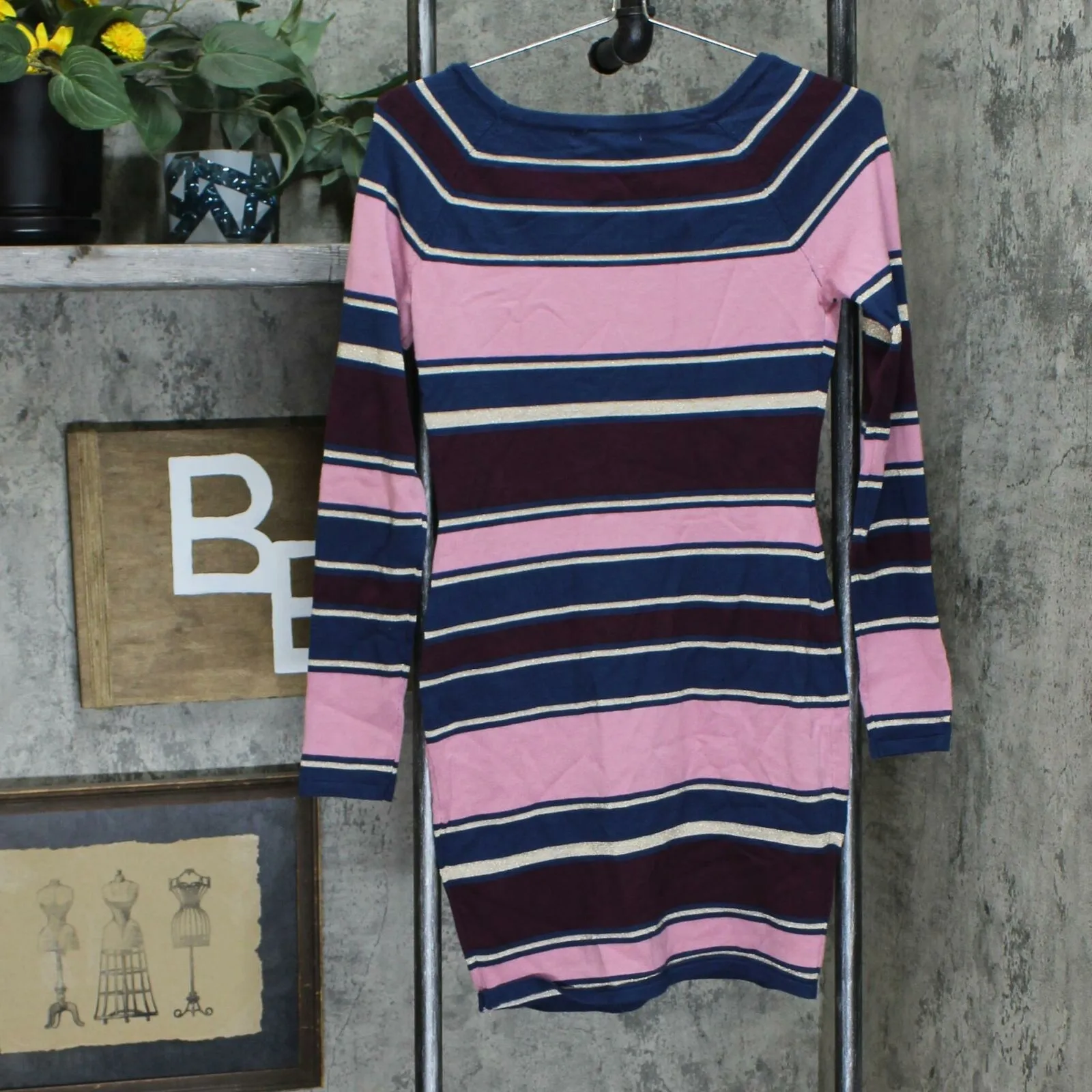 Planet Gold Women's Junior Fit Keyhole Bodycon Sweater Dress Blue / Pink Medium