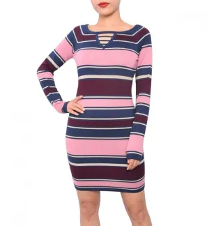 Planet Gold Women's Junior Fit Keyhole Bodycon Sweater Dress Blue / Pink Medium