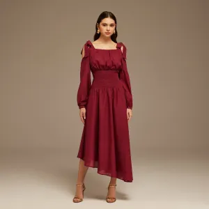 Plum Balloon Long Sleeve With Ruched Waist Midi Dress