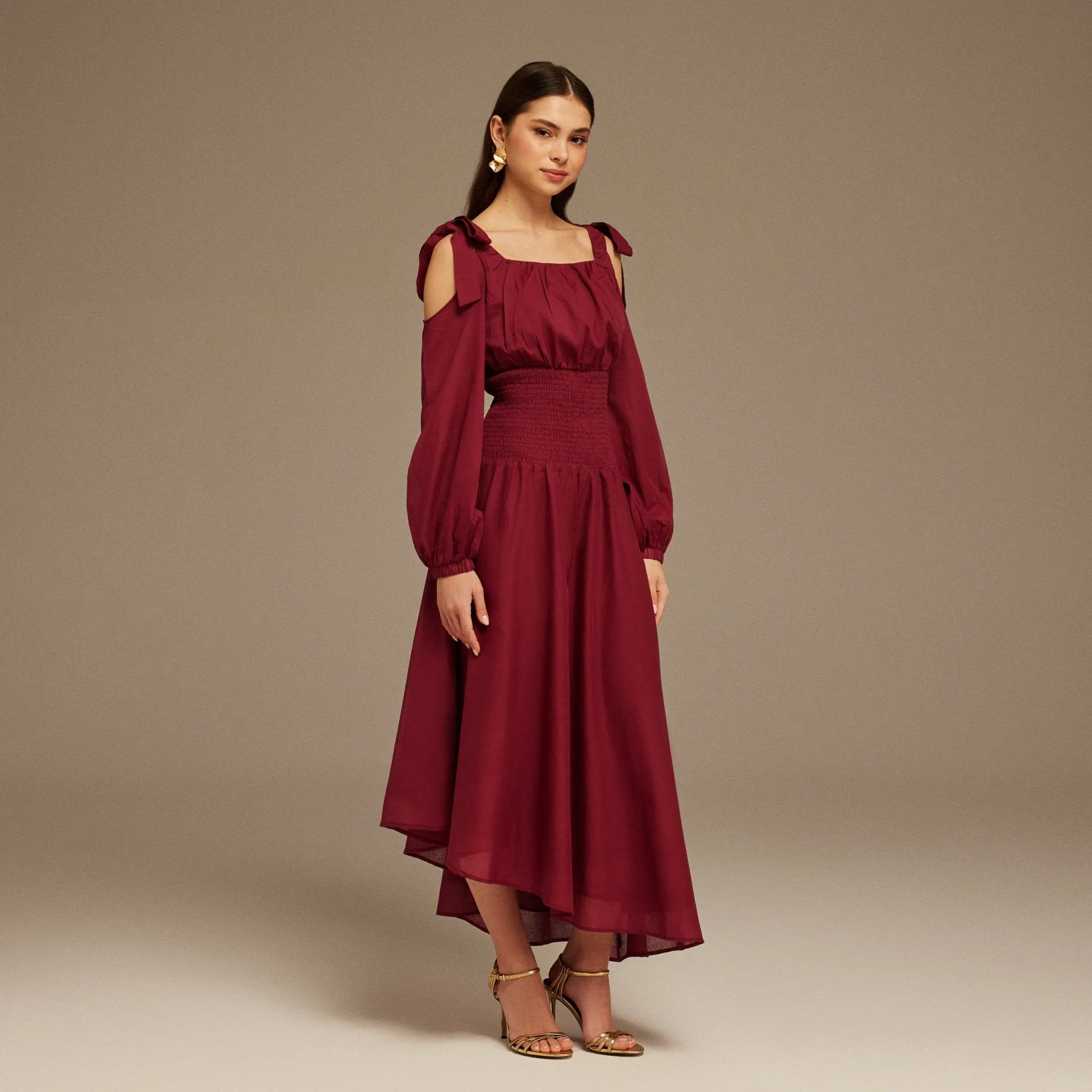 Plum Balloon Long Sleeve With Ruched Waist Midi Dress