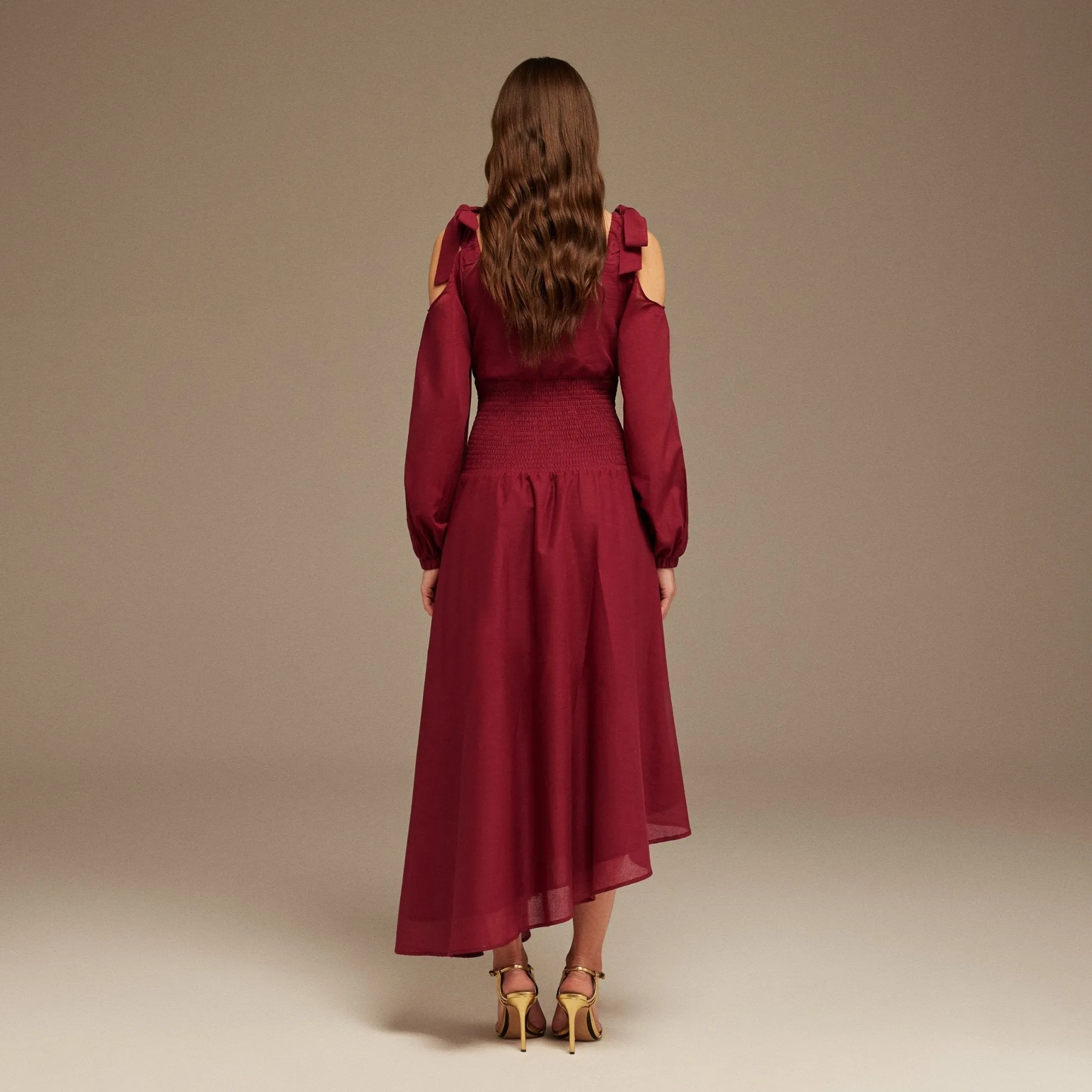 Plum Balloon Long Sleeve With Ruched Waist Midi Dress