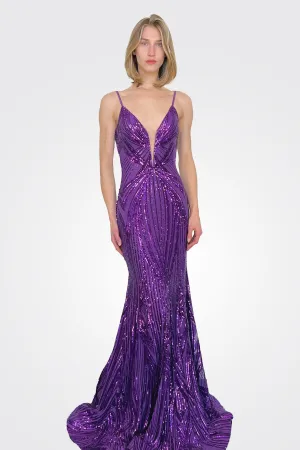 Plunging Neck Embellished Gown - Purple