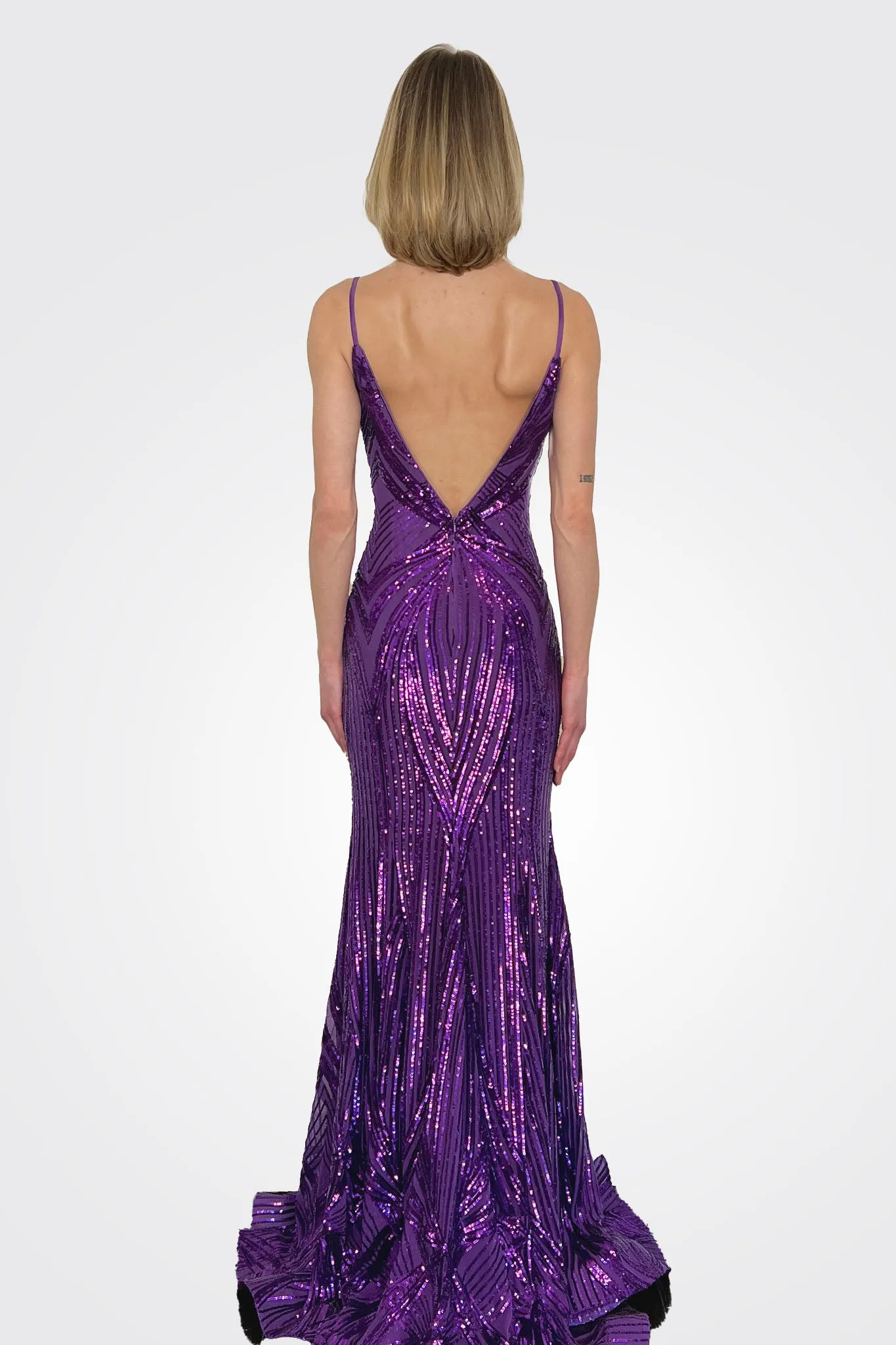 Plunging Neck Embellished Gown - Purple