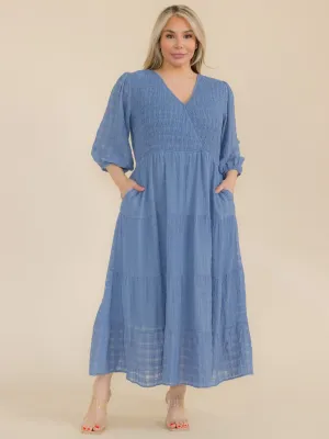 PLUS SIZE 3/4 SLEEVE FRONT POCKETS SMOCK TIERED MAXI DRESS