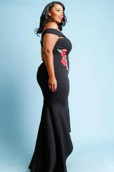 Plus Size Floral Patch Side Mermaid Style Cocktail Maxi Gown