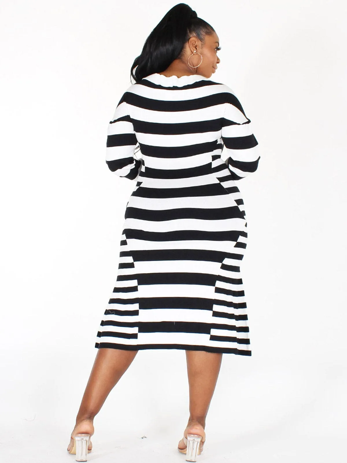 PLUS SIZE LONG SLEEVE BODYCON STRIPES MIDI DRESS