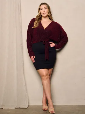 PLUS SIZE LONG SLEEVE SURPLICE SHIMMER MINI DRESS