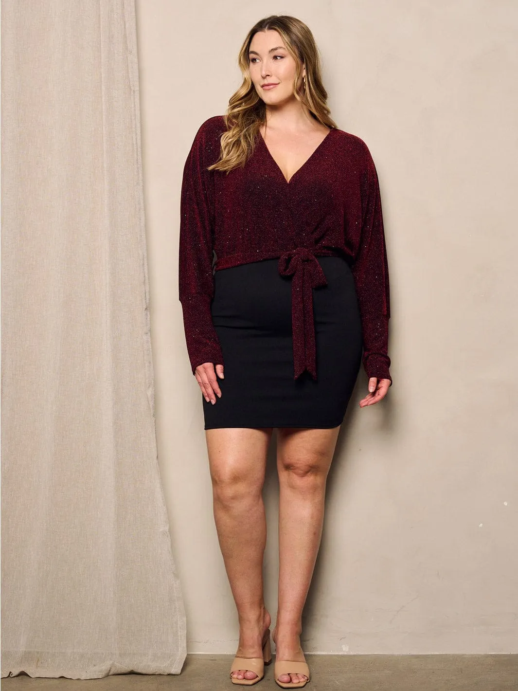 PLUS SIZE LONG SLEEVE SURPLICE SHIMMER MINI DRESS