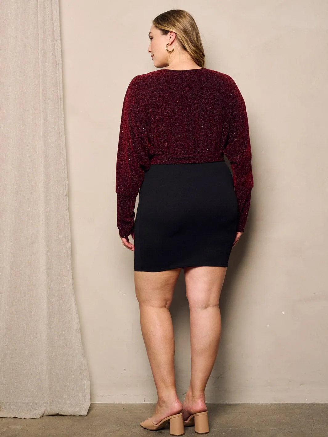 PLUS SIZE LONG SLEEVE SURPLICE SHIMMER MINI DRESS
