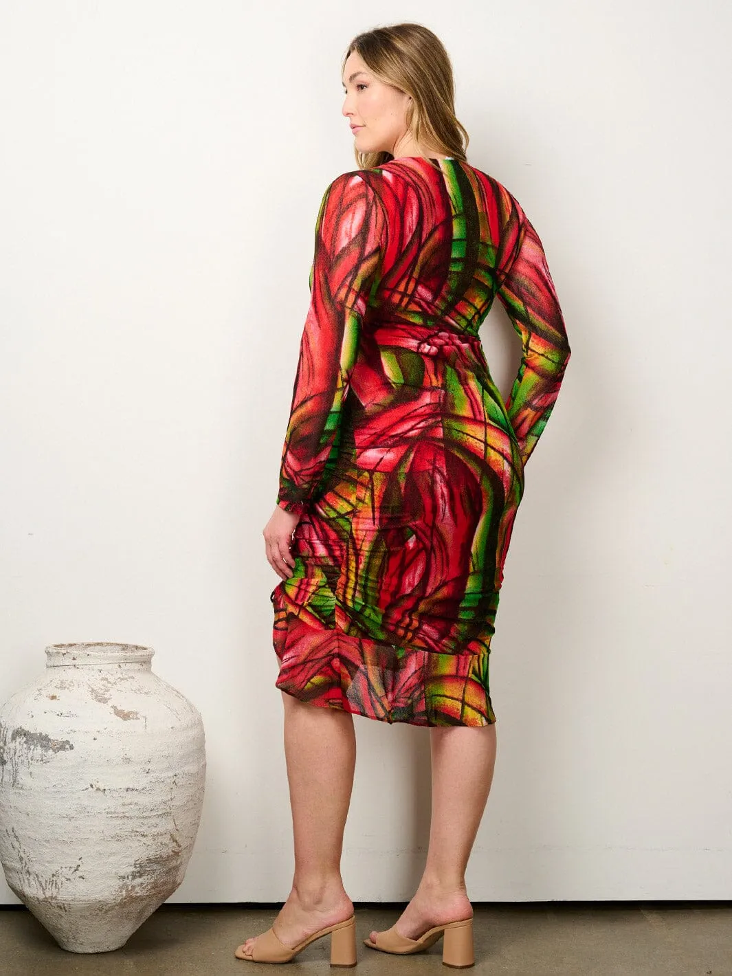 PLUS SIZE LONG SLEEVE V-NECK RUCHING FRONT MIDI DRESS