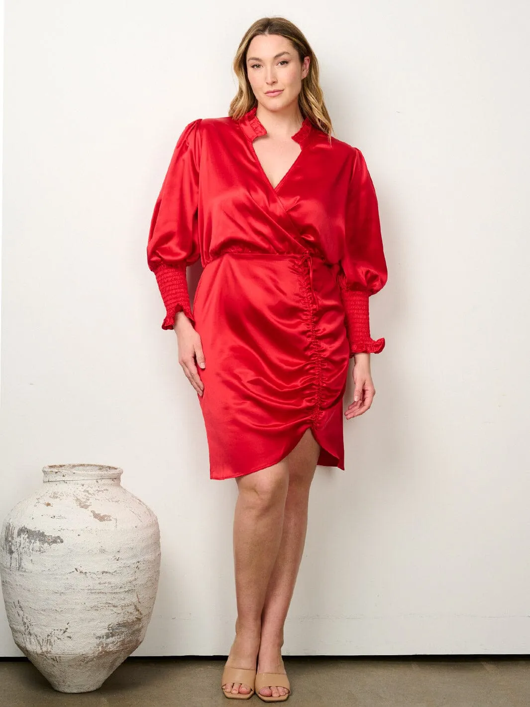 PLUS SIZE LONG SLEEVE V-NECK SURPLICE RUCHING FRONT MINI DRESS