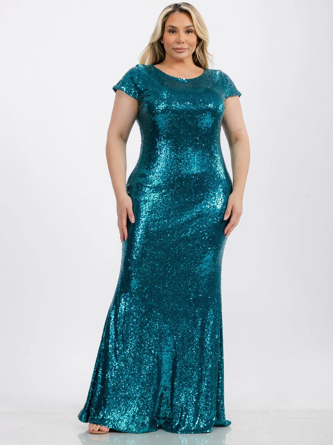 PLUS SIZE SHORT SLEEVE BODYCON SEQUINS MAXI GOWN DRESS