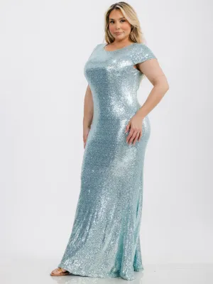 PLUS SIZE SHORT SLEEVE BODYCON SEQUINS MAXI GOWN DRESS