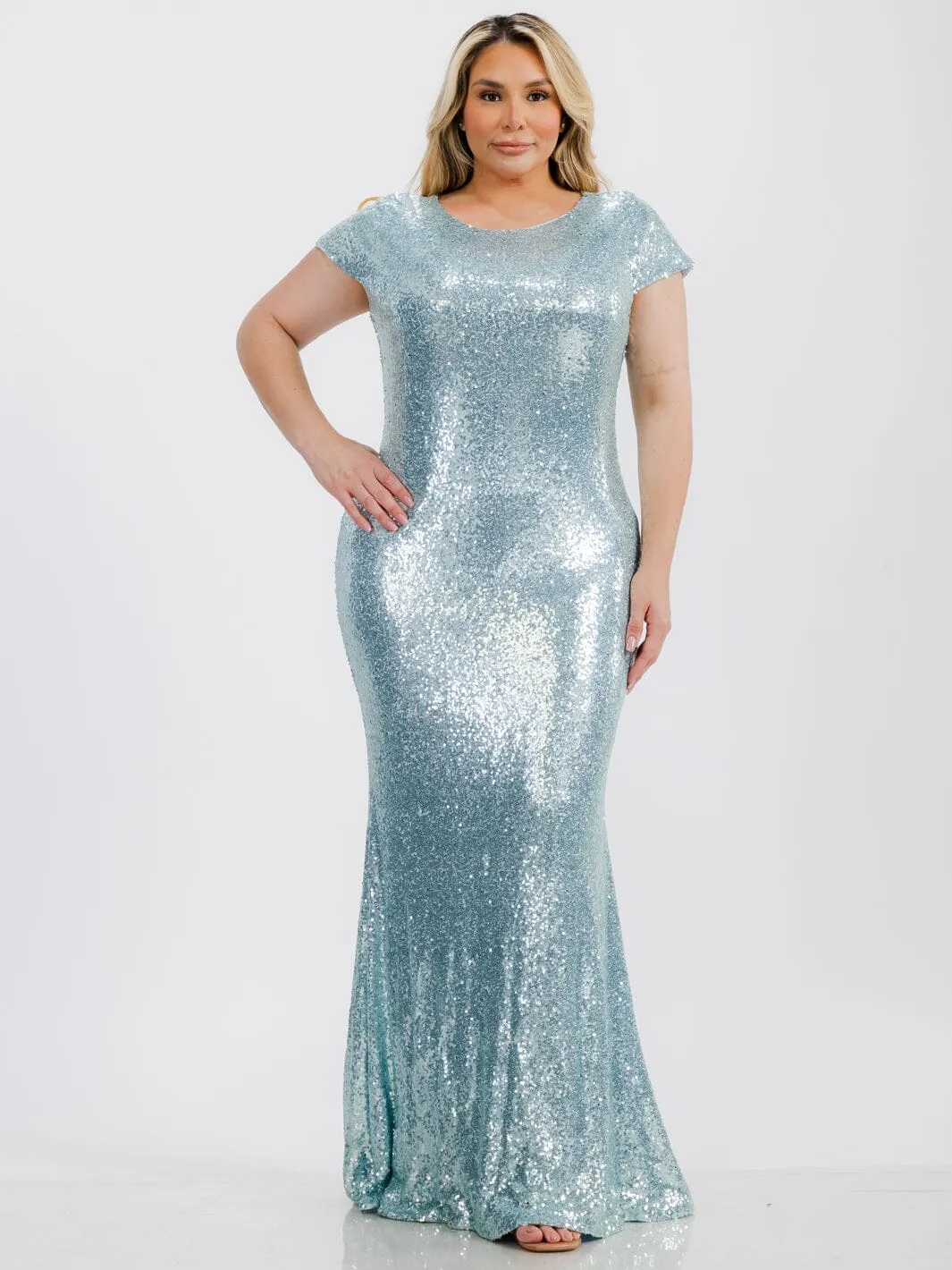 PLUS SIZE SHORT SLEEVE BODYCON SEQUINS MAXI GOWN DRESS